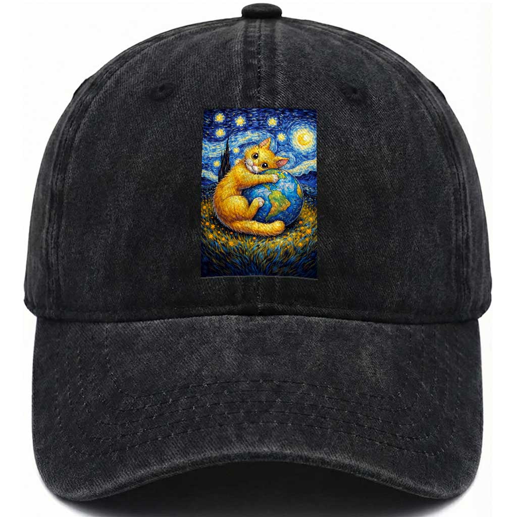 Earth Day Washed Cotton Baseball Cap Starry Night Cat Hugging Earth TS12 Print Your Wear