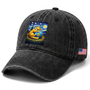 Earth Day Washed Cotton Baseball Cap Starry Night Cat Hugging Earth TS12 Print Your Wear