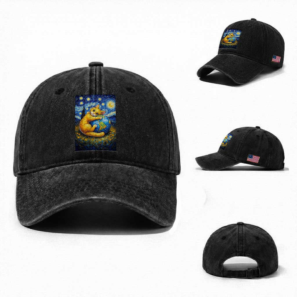 Earth Day Washed Cotton Baseball Cap Starry Night Cat Hugging Earth TS12 Washed Cap Universal Fit Black Print Your Wear