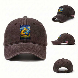 Earth Day Washed Cotton Baseball Cap Starry Night Cat Hugging Earth TS12 Washed Cap Universal Fit Dark Brown Print Your Wear