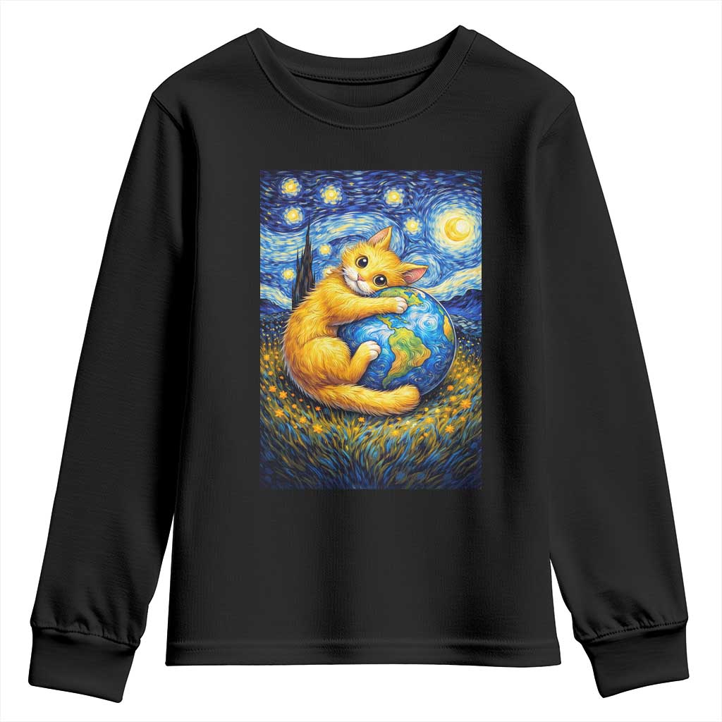 Earth Day Youth Sweatshirt Starry Night Cat Hugging Earth TS12 Black Print Your Wear