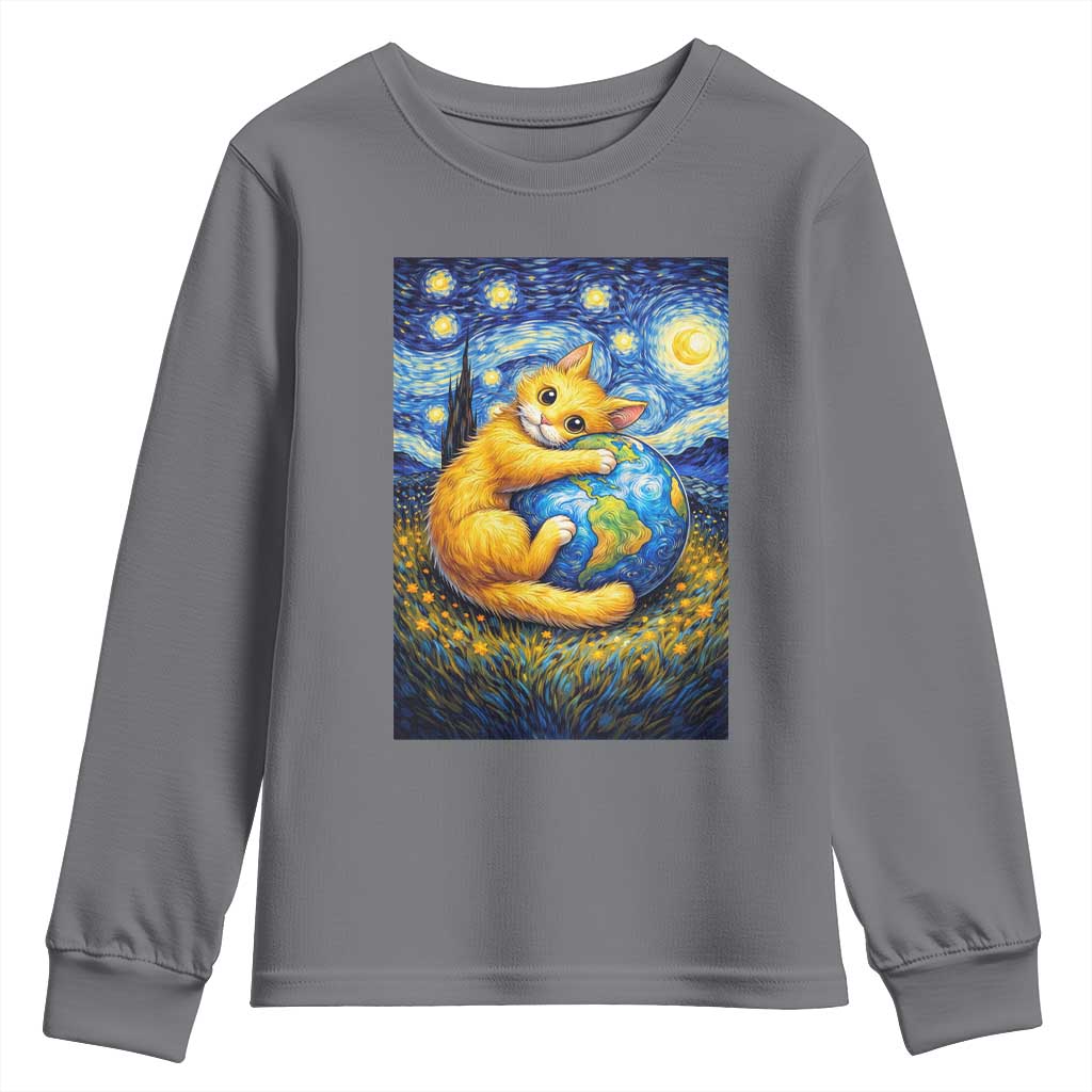Earth Day Youth Sweatshirt Starry Night Cat Hugging Earth TS12 Charcoal Print Your Wear
