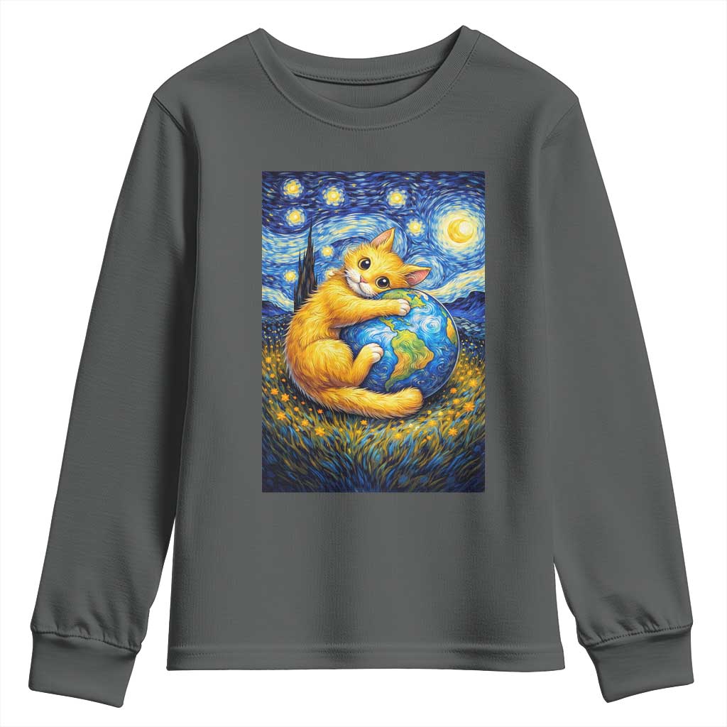 Earth Day Youth Sweatshirt Starry Night Cat Hugging Earth TS12 Dark Heather Print Your Wear