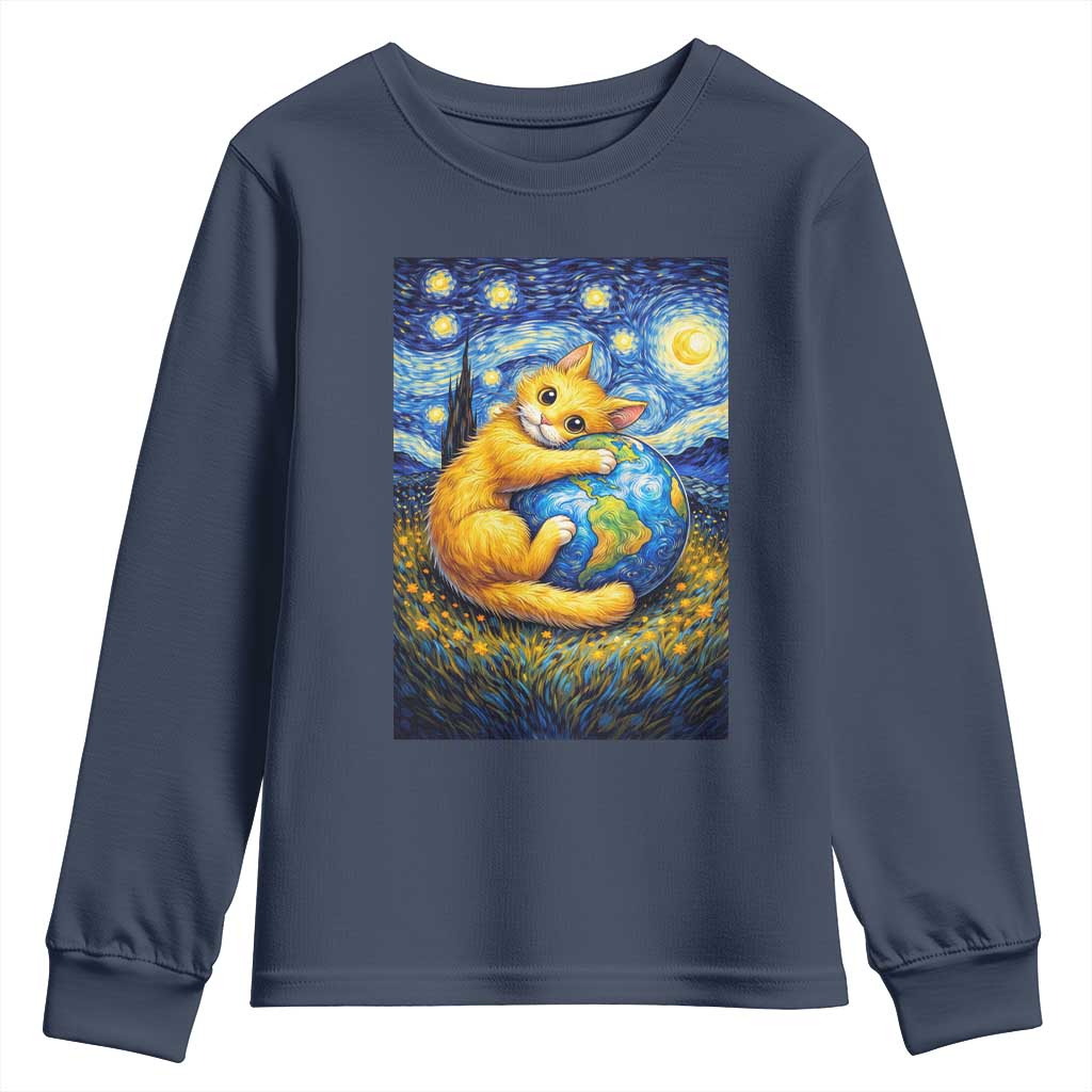 Earth Day Youth Sweatshirt Starry Night Cat Hugging Earth TS12 Navy Print Your Wear