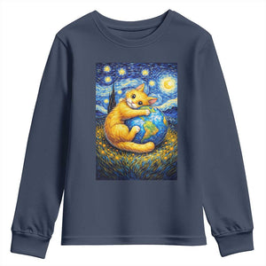Earth Day Youth Sweatshirt Starry Night Cat Hugging Earth TS12 Navy Print Your Wear