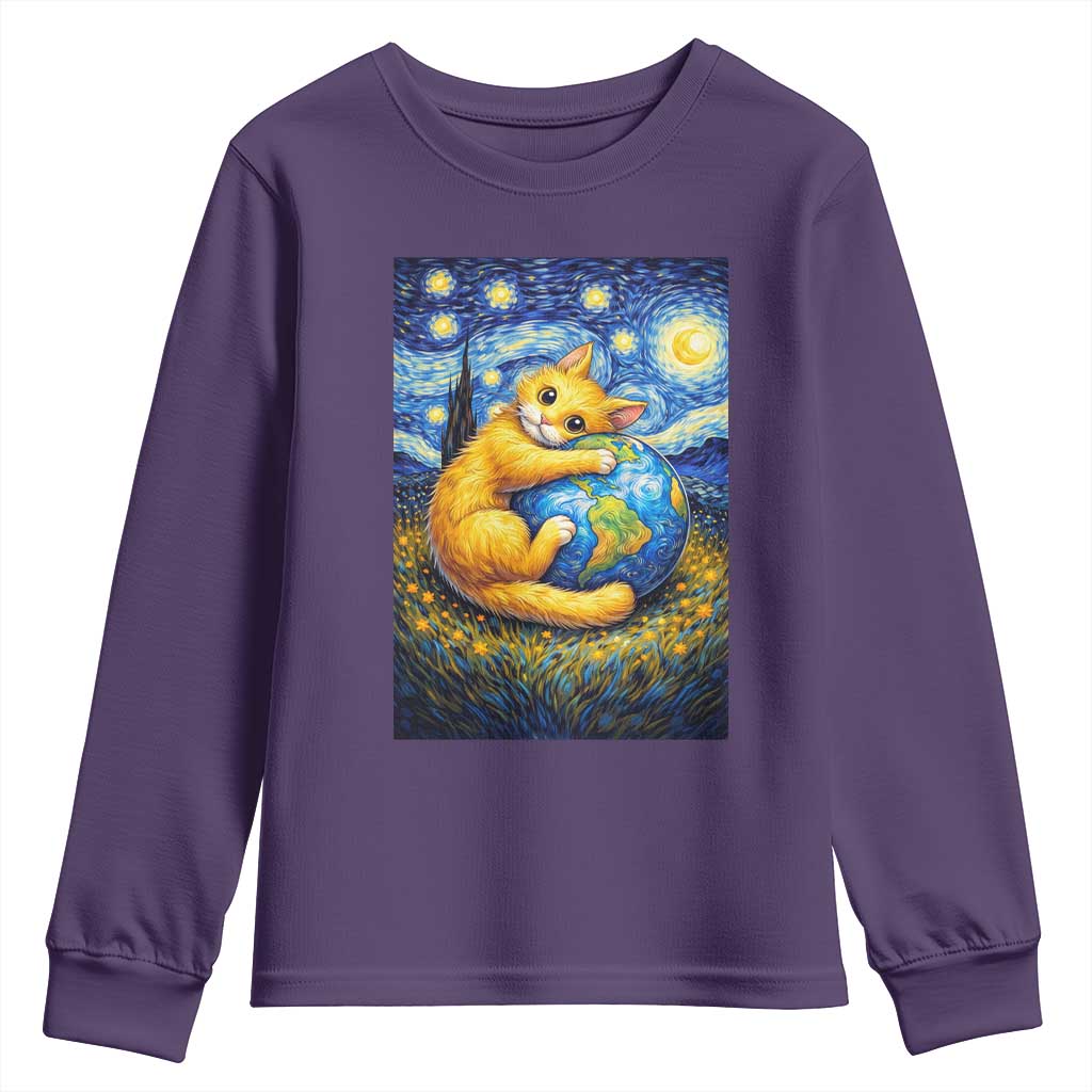 Earth Day Youth Sweatshirt Starry Night Cat Hugging Earth TS12 Purple Print Your Wear