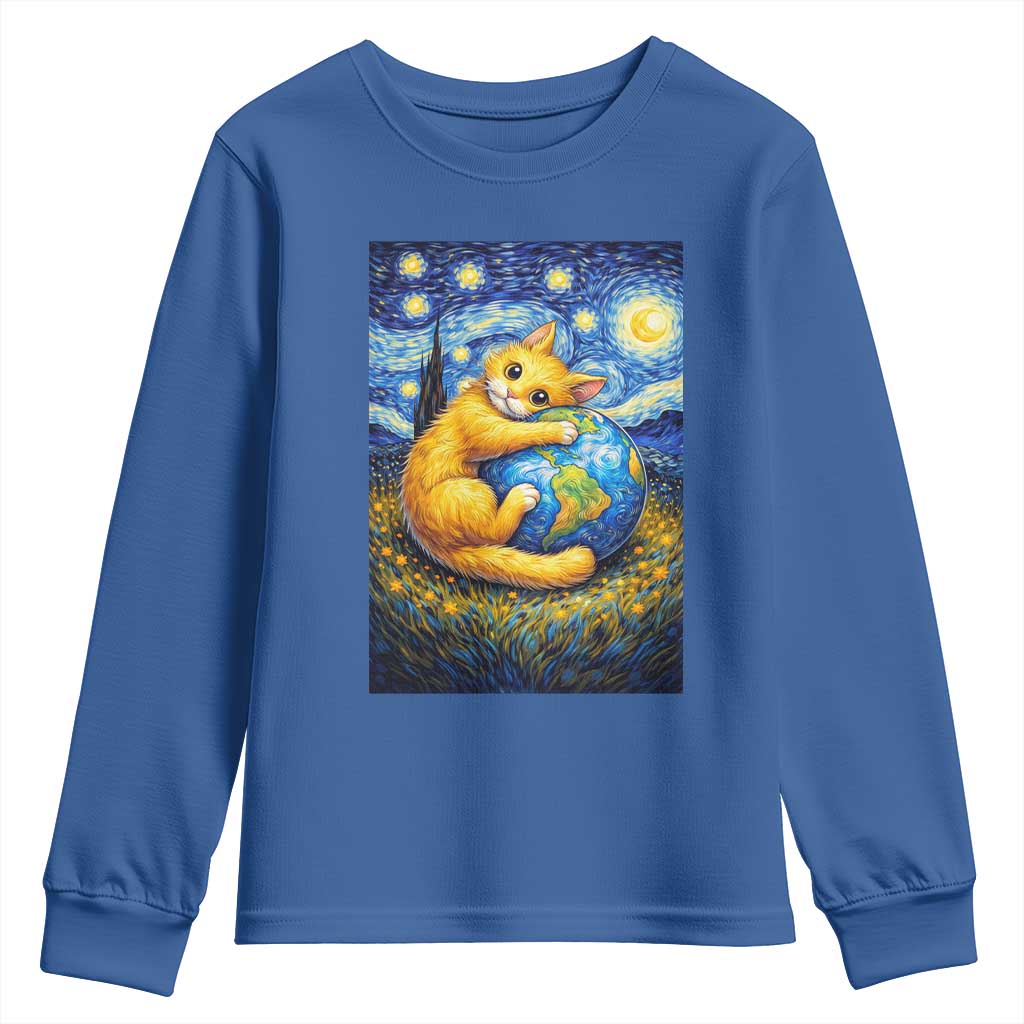 Earth Day Youth Sweatshirt Starry Night Cat Hugging Earth TS12 Royal Blue Print Your Wear