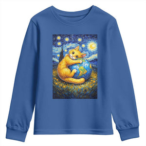 Earth Day Youth Sweatshirt Starry Night Cat Hugging Earth TS12 Royal Blue Print Your Wear