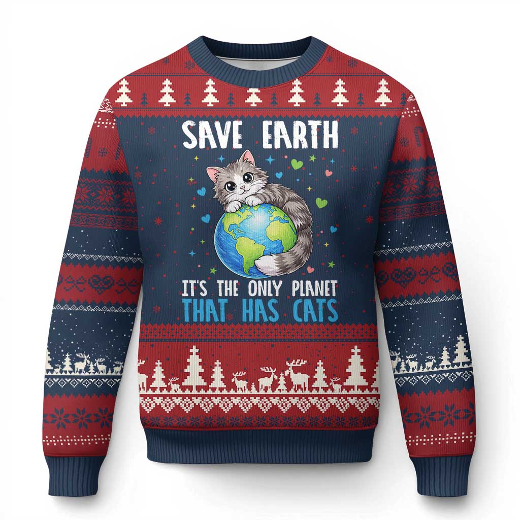 Earth Day Ugly Christmas Sweater Save Earth Its The Only Planet With Cats TS12 Navy Red Print Your Wear
