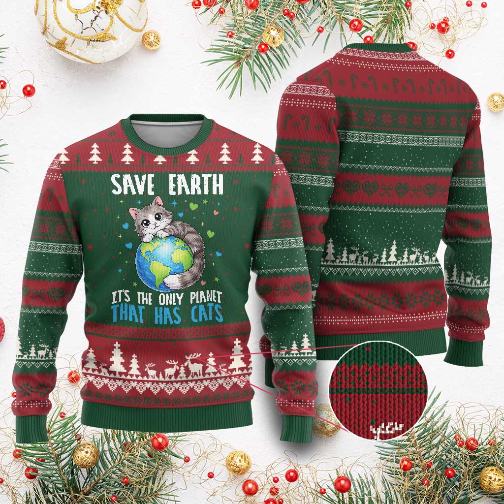 Earth Day Ugly Christmas Sweater Save Earth Its The Only Planet With Cats TS12 Red Green Print Your Wear