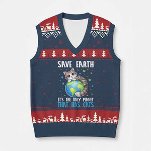 Earth Day V-Neck Knit Sweater Vest Save Earth Its The Only Planet With Cats TS12 Navy Red Print Your Wear
