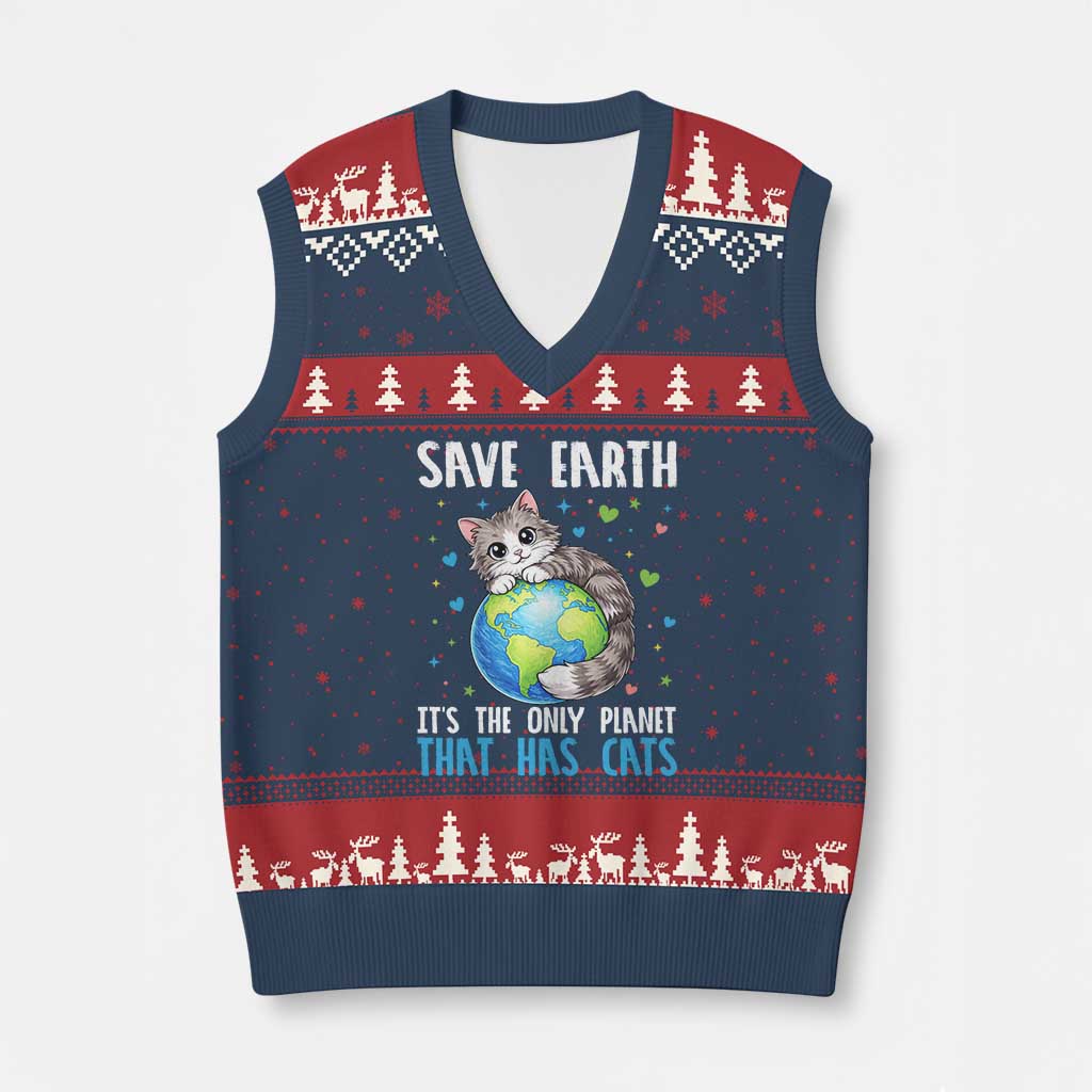 Earth Day V-Neck Knit Sweater Vest Save Earth Its The Only Planet With Cats TS12 Navy Red Print Your Wear