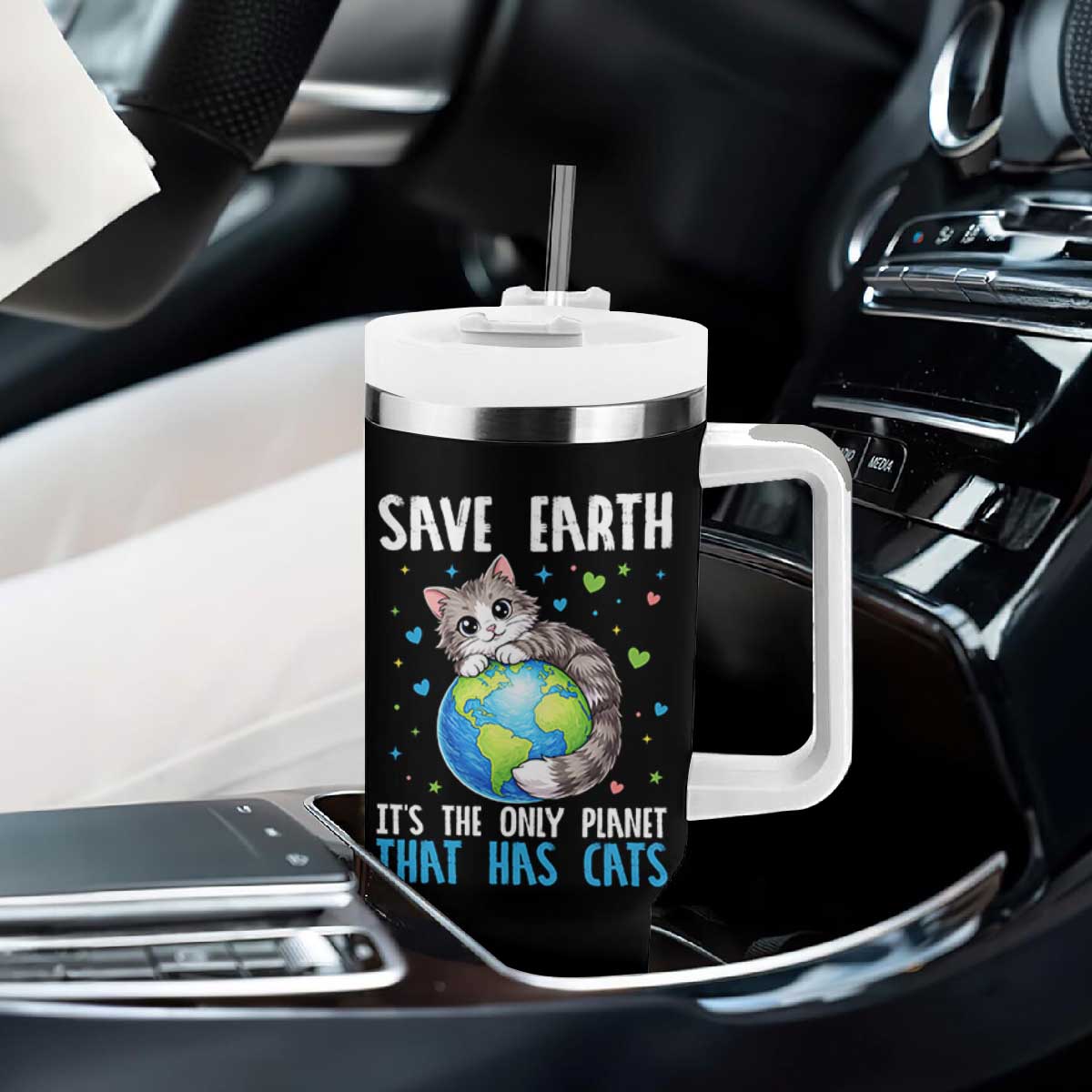 Earth Day Tumbler With Handle Save Earth Its The Only Planet With Cats TS12 Print Your Wear
