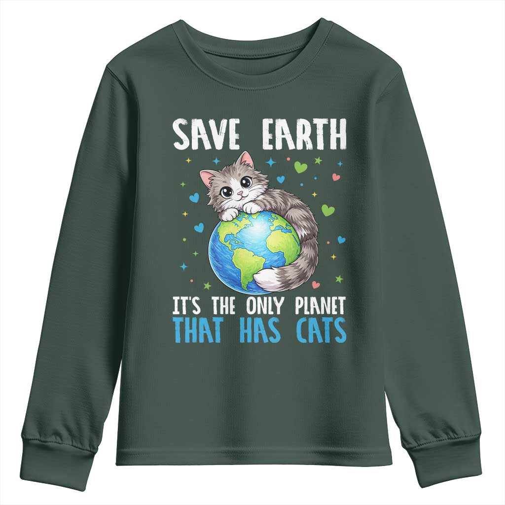 Earth Day Youth Sweatshirt Save Earth Its The Only Planet With Cats TS12 Dark Forest Green Print Your Wear
