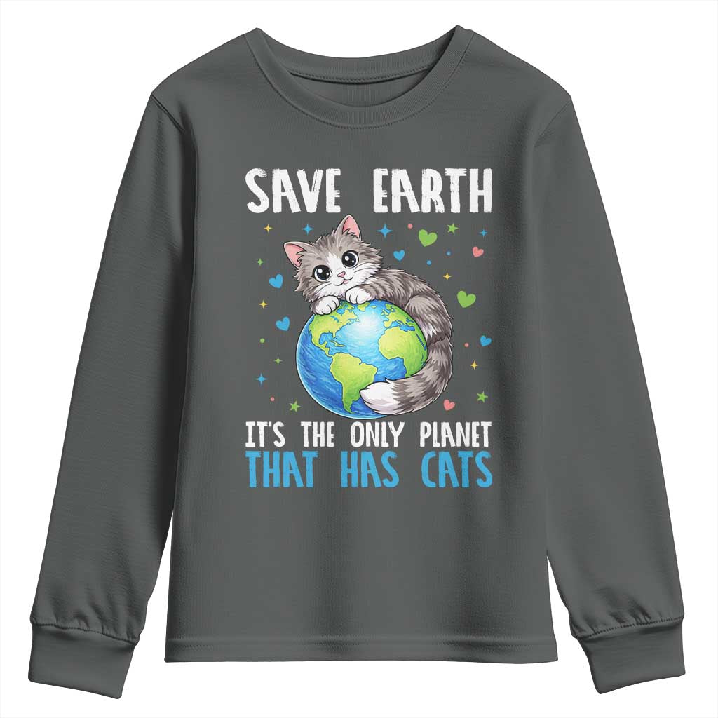 Earth Day Youth Sweatshirt Save Earth Its The Only Planet With Cats TS12 Dark Heather Print Your Wear