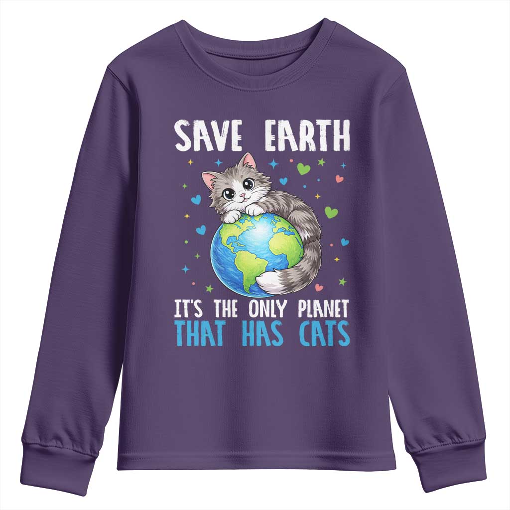 Earth Day Youth Sweatshirt Save Earth Its The Only Planet With Cats TS12 Purple Print Your Wear