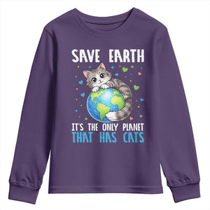 Earth Day Youth Sweatshirt Save Earth Its The Only Planet With Cats TS12 Purple Print Your Wear