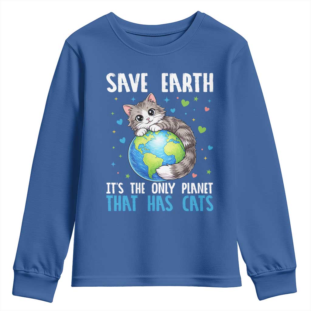 Earth Day Youth Sweatshirt Save Earth Its The Only Planet With Cats TS12 Royal Blue Print Your Wear