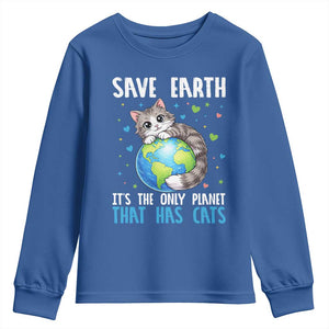 Earth Day Youth Sweatshirt Save Earth Its The Only Planet With Cats TS12 Royal Blue Print Your Wear