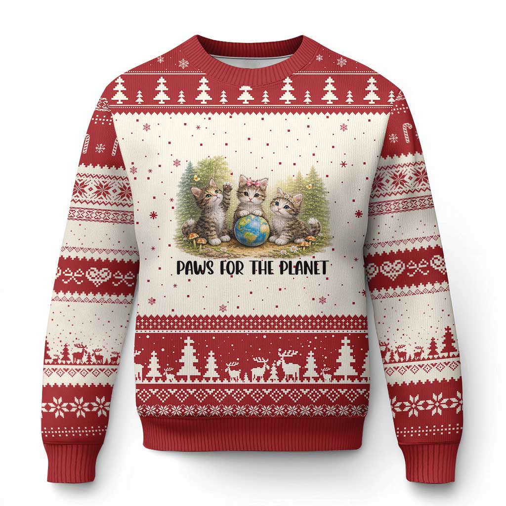 Earth Day Cat Lover Ugly Christmas Sweater Paws For The Planet TS12 Beige Red Print Your Wear