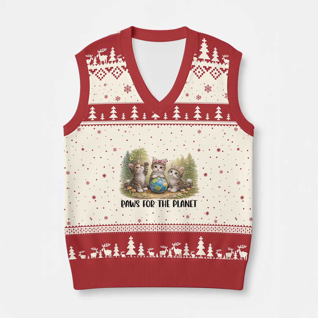 Earth Day Cat Lover V-Neck Knit Sweater Vest Paws For The Planet TS12 Beige Red Print Your Wear