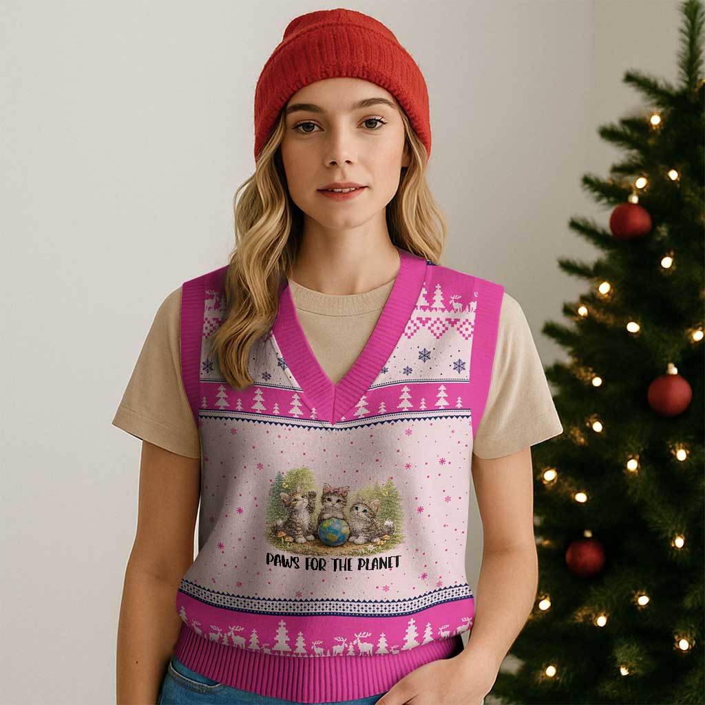 Earth Day Cat Lover V-Neck Knit Sweater Vest Paws For The Planet TS12 Hot Pink Print Your Wear
