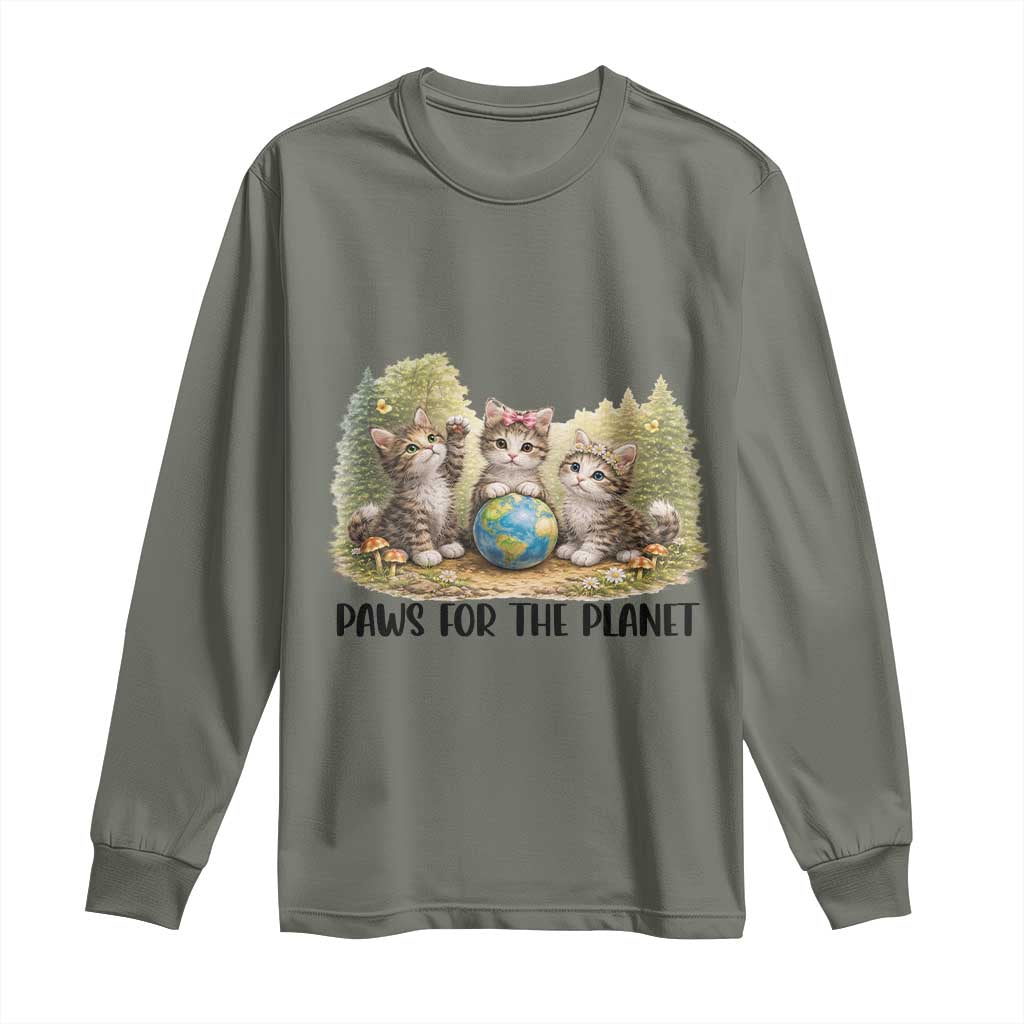 Earth Day Cat Lover Long Sleeve Shirt Paws For The Planet TS12 Military Green Print Your Wear
