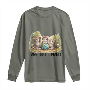 Earth Day Cat Lover Long Sleeve Shirt Paws For The Planet TS12 Military Green Print Your Wear