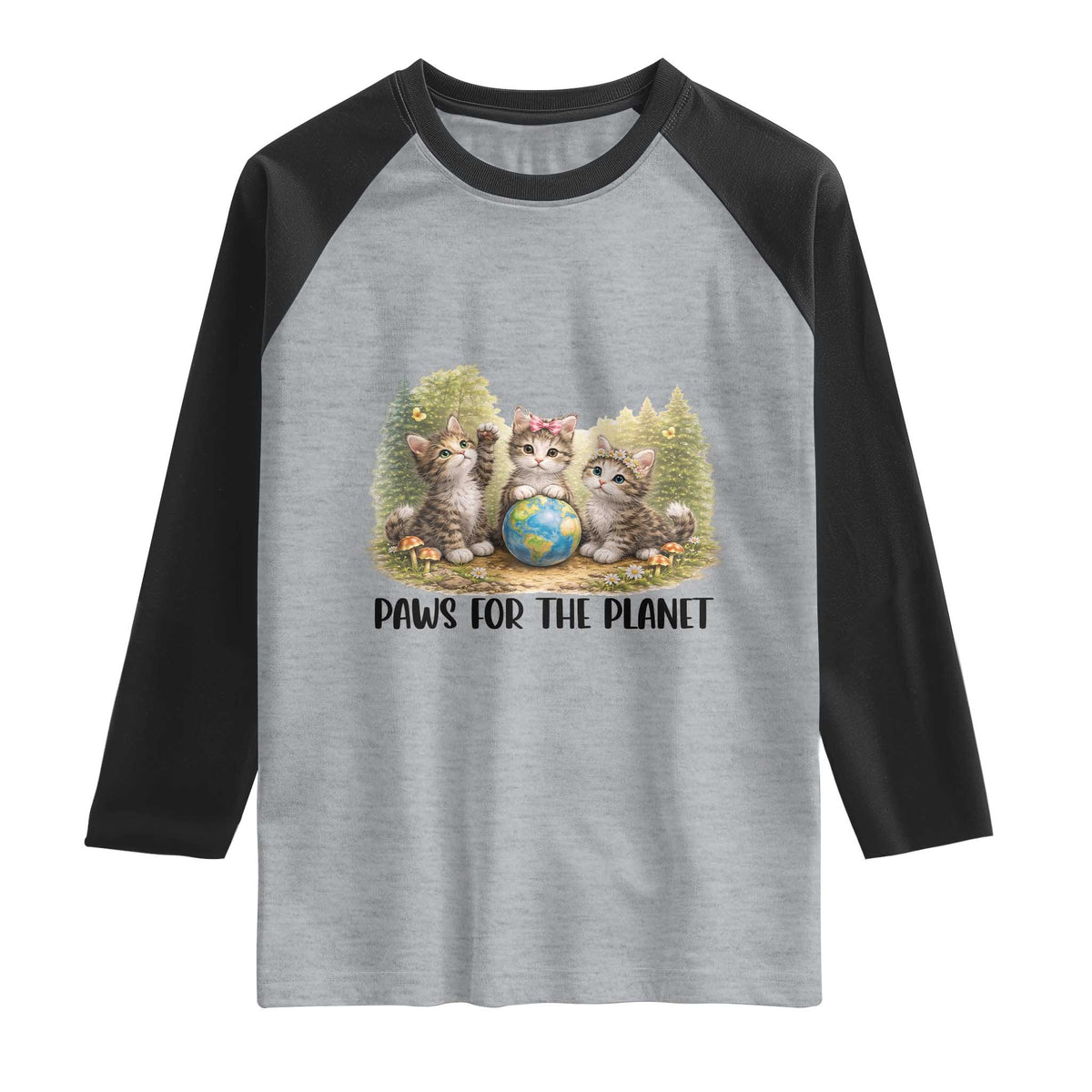 Earth Day Cat Lover Raglan Shirt Paws For The Planet TS12 Heather Gray Black Print Your Wear
