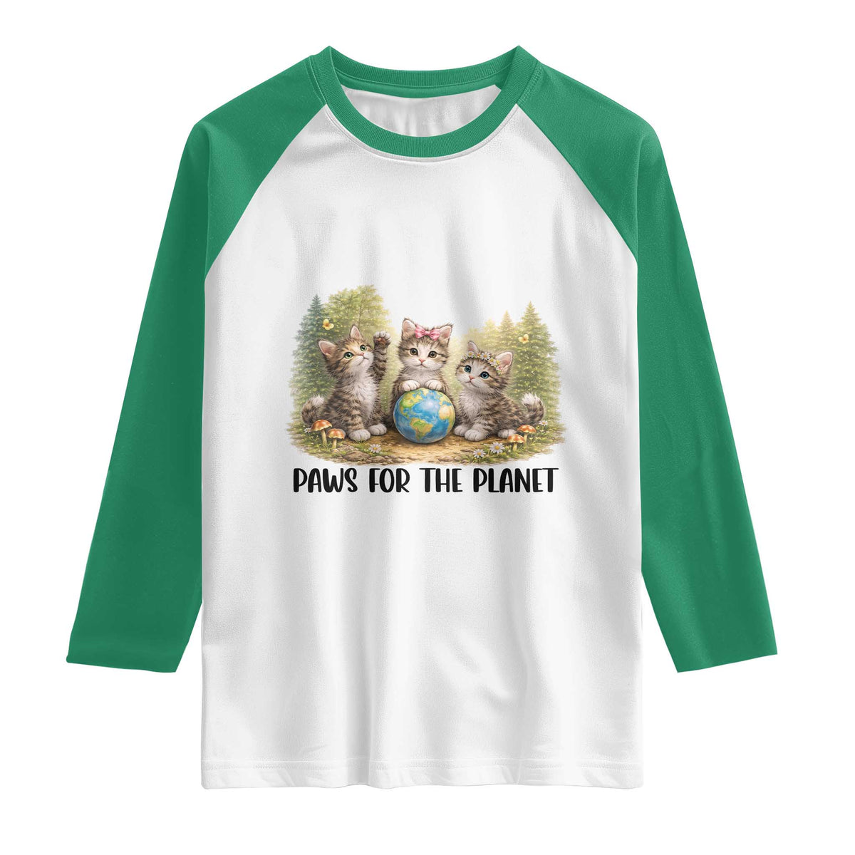 Earth Day Cat Lover Raglan Shirt Paws For The Planet TS12 White Kelly Green Print Your Wear
