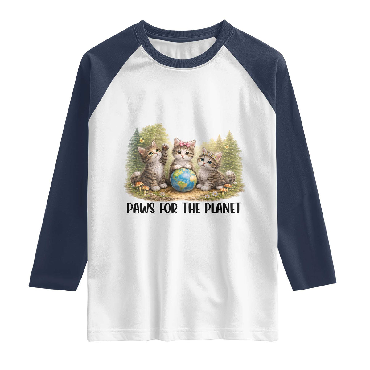Earth Day Cat Lover Raglan Shirt Paws For The Planet TS12 White Navy Print Your Wear