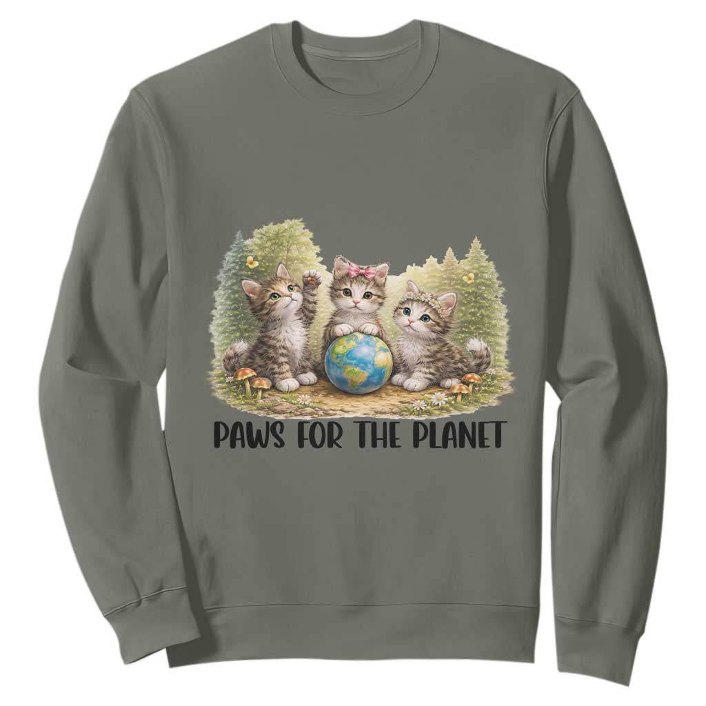 Earth Day Cat Lover Sweatshirt Paws For The Planet TS12 Military Green Print Your Wear