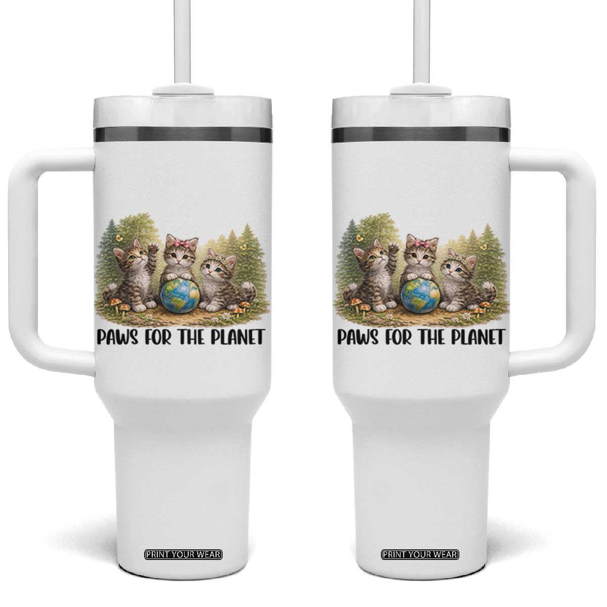 Earth Day Cat Lover Tumbler With Handle Paws For The Planet TS12 One Size: 40 oz White Print Your Wear