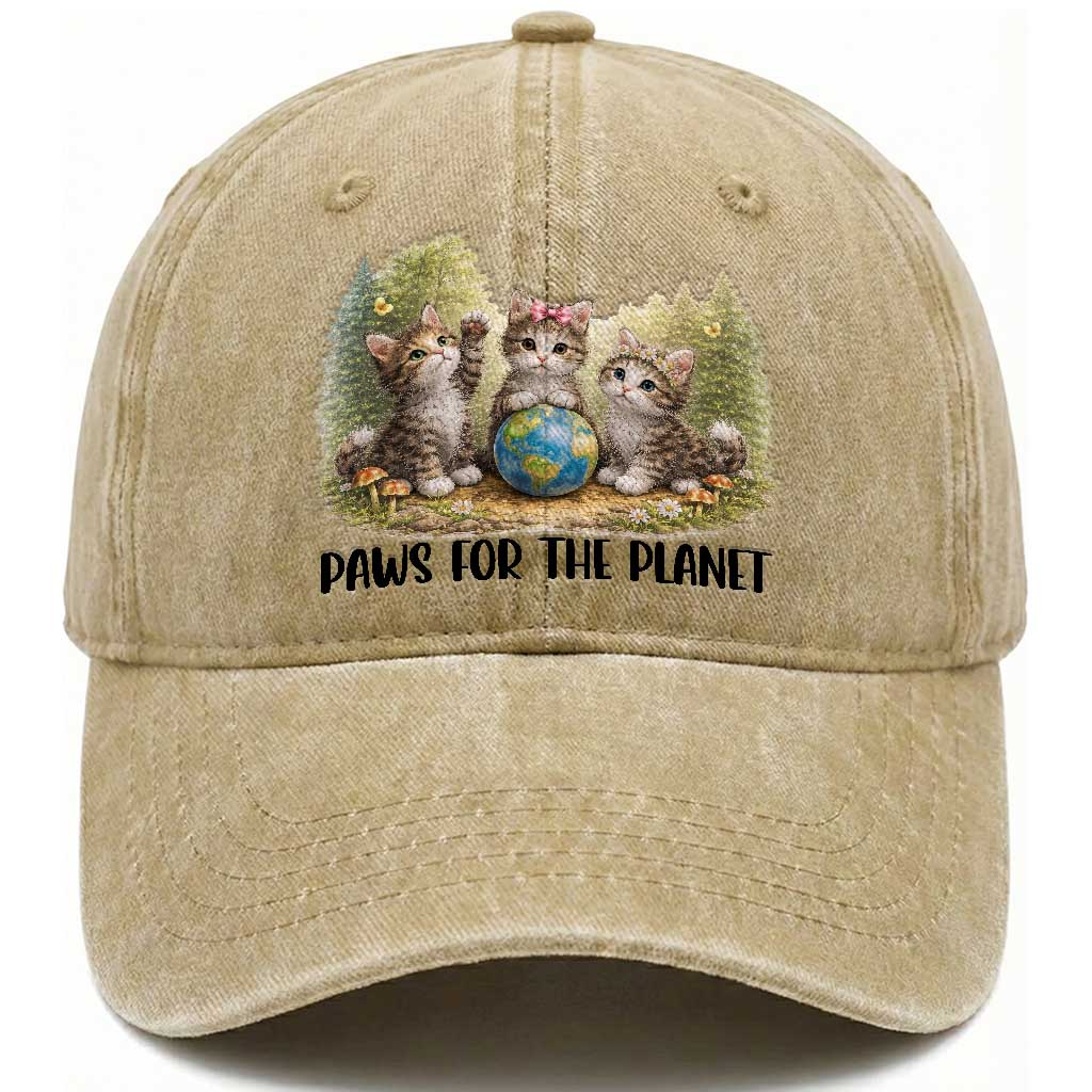 Earth Day Cat Lover Washed Cotton Baseball Cap Paws For The Planet TS12 Print Your Wear