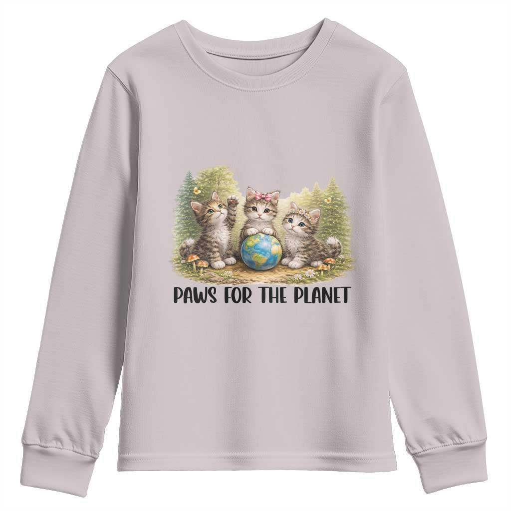 Earth Day Cat Lover Youth Sweatshirt Paws For The Planet TS12 Ice Gray Print Your Wear