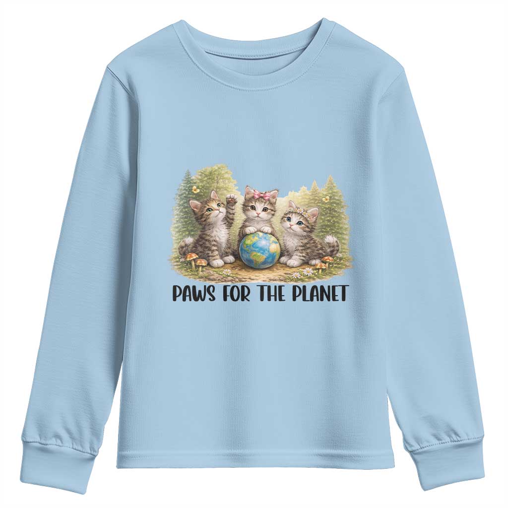 Earth Day Cat Lover Youth Sweatshirt Paws For The Planet TS12 Light Blue Print Your Wear
