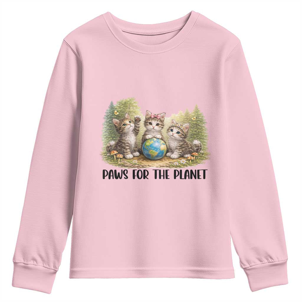 Earth Day Cat Lover Youth Sweatshirt Paws For The Planet TS12 Light Pink Print Your Wear