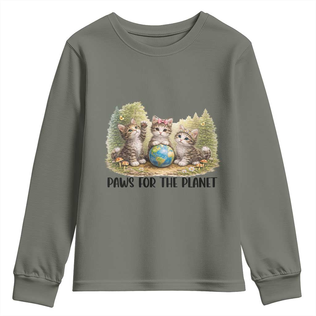Earth Day Cat Lover Youth Sweatshirt Paws For The Planet TS12 Military Green Print Your Wear