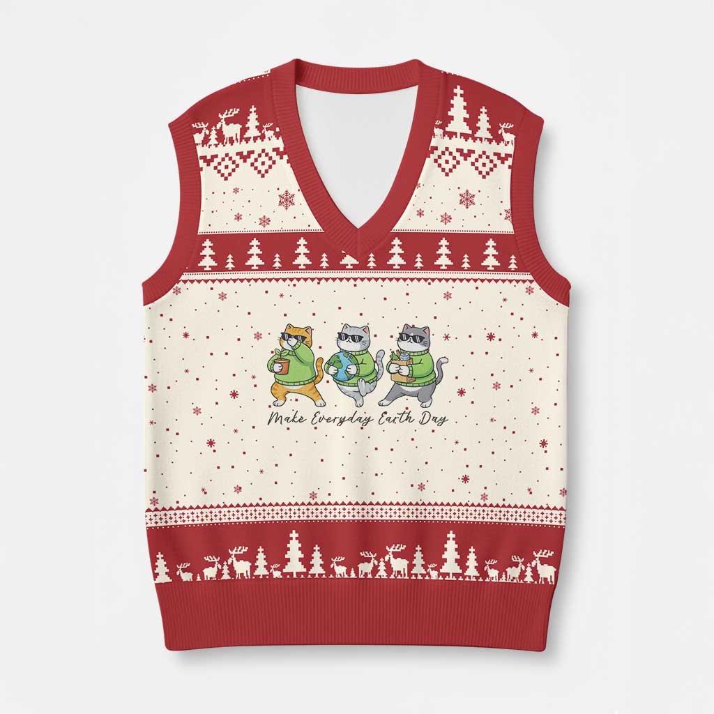 Make Everyday Earth Day V-Neck Knit Sweater Vest Eco Friendly Cat Lover TS12 Beige Red Print Your Wear