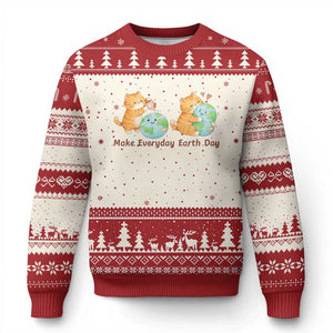 Make Everyday Earth Day Ugly Christmas Sweater Cute Cat Healing Planet Earth TS12 Beige Red Print Your Wear