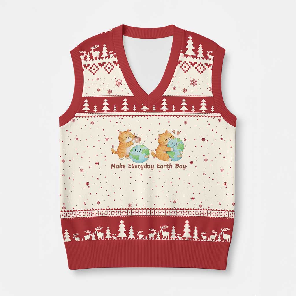Make Everyday Earth Day V-Neck Knit Sweater Vest Cute Cat Healing Planet Earth TS12 Beige Red Print Your Wear