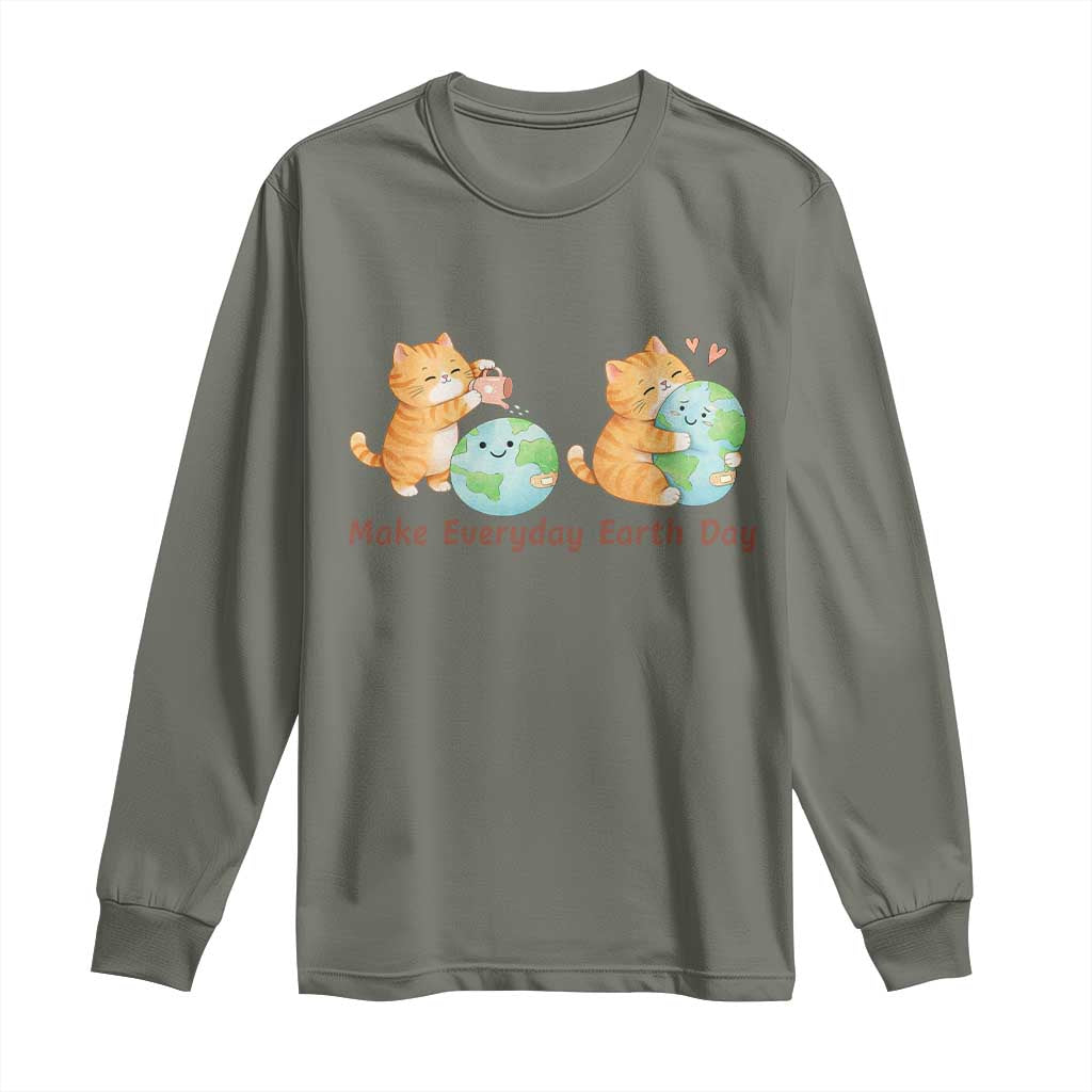 Make Everyday Earth Day Long Sleeve Shirt Cute Cat Healing Planet Earth TS12 Military Green Print Your Wear
