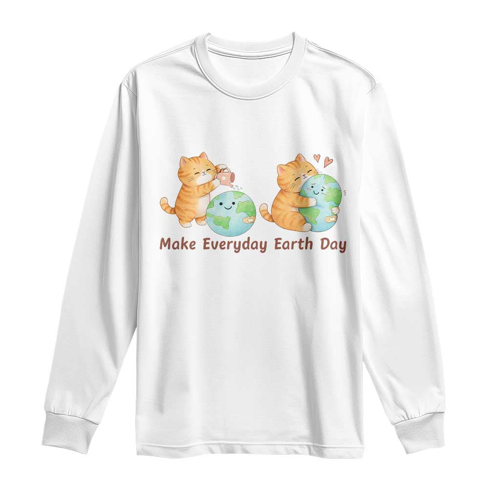 Make Everyday Earth Day Long Sleeve Shirt Cute Cat Healing Planet Earth TS12 White Print Your Wear