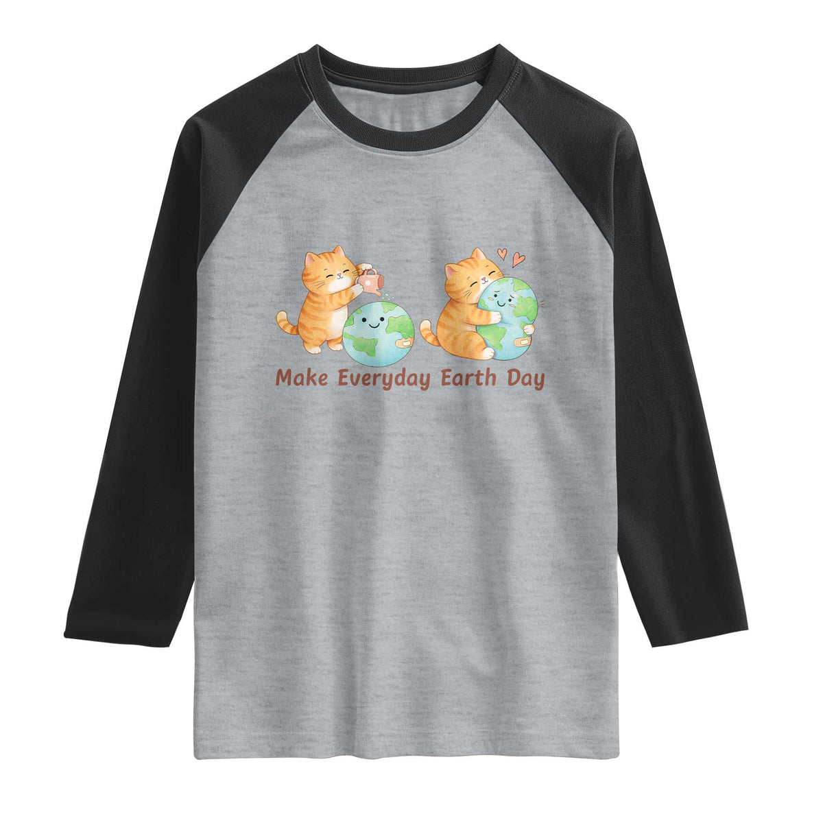 Make Everyday Earth Day Raglan Shirt Cute Cat Healing Planet Earth TS12 Heather Gray Black Print Your Wear