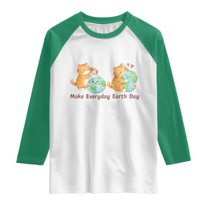 Make Everyday Earth Day Raglan Shirt Cute Cat Healing Planet Earth TS12 White Kelly Green Print Your Wear