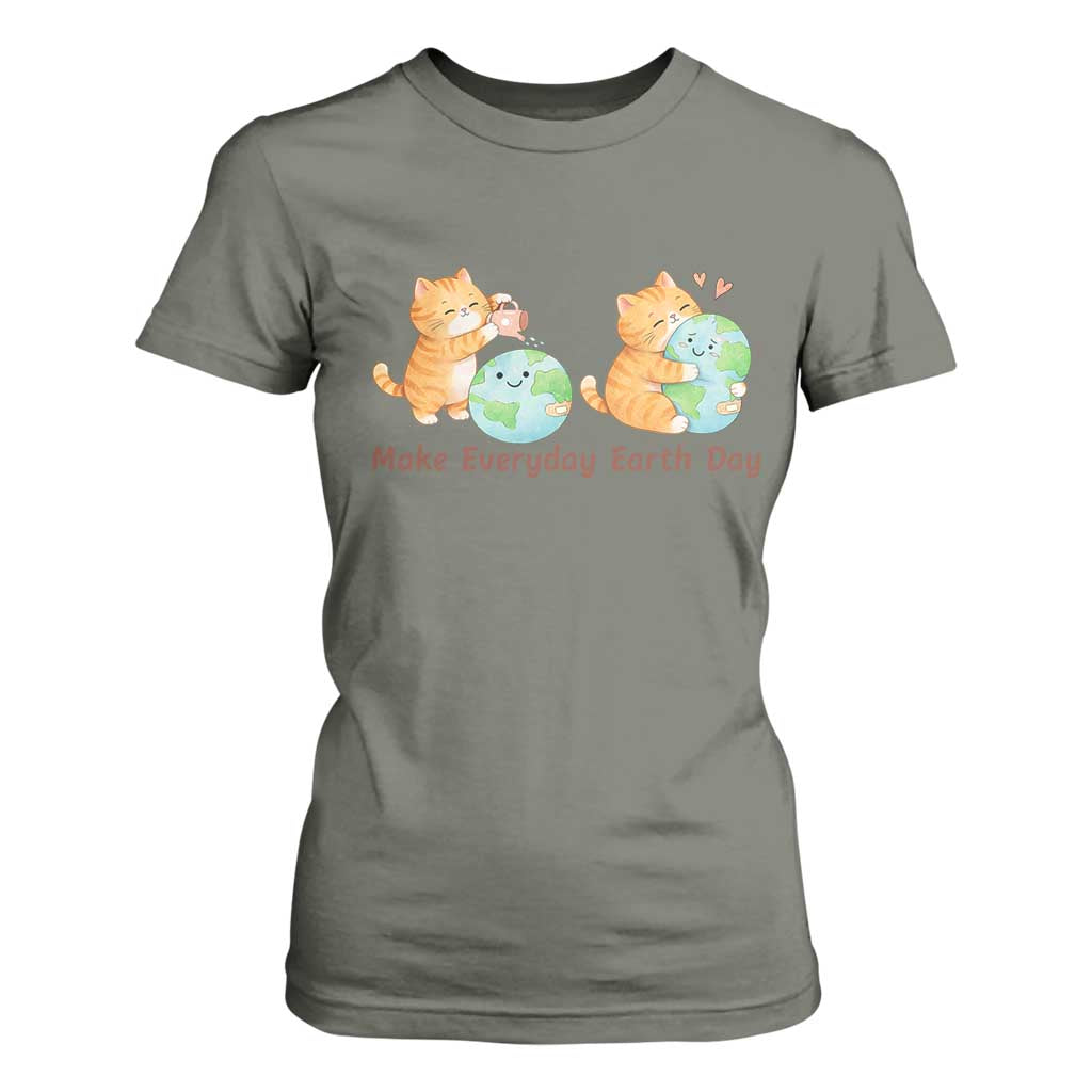 Make Everyday Earth Day T Shirt For Women Cute Cat Healing Planet Earth TS12 Military Green Print Your Wear