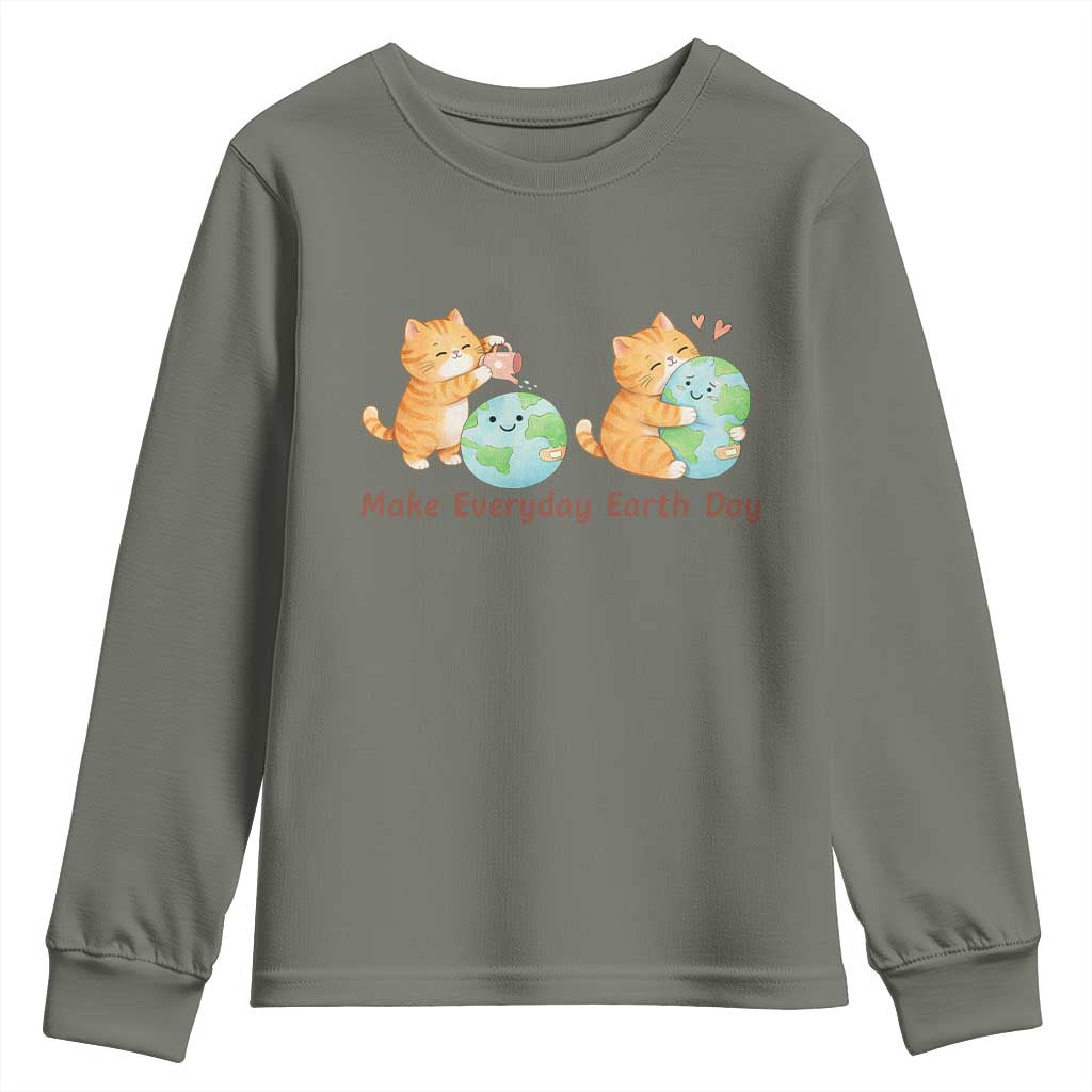 Make Everyday Earth Day Youth Sweatshirt Cute Cat Healing Planet Earth TS12 Military Green Print Your Wear