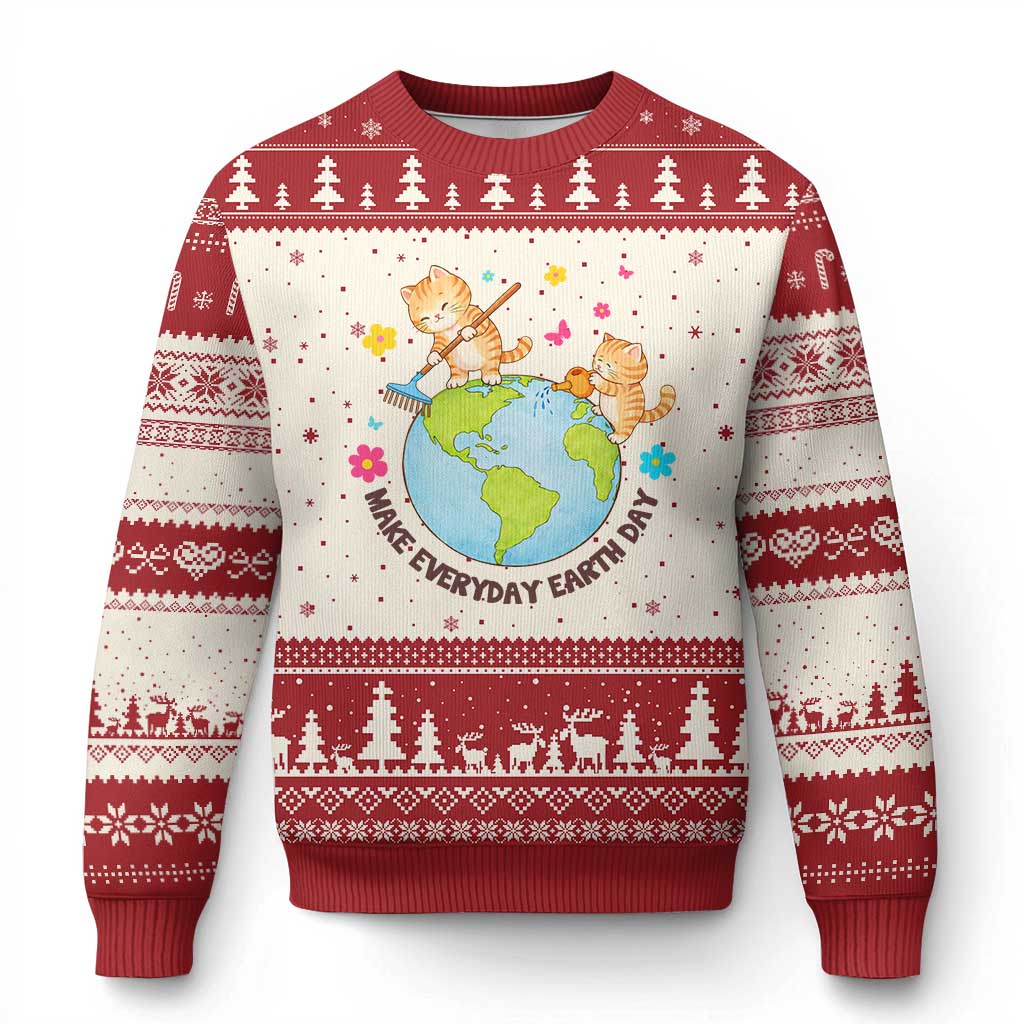 Make Everyday Earth Day Ugly Christmas Sweater Funny Cat Lover Gift TS12 Beige Red Print Your Wear