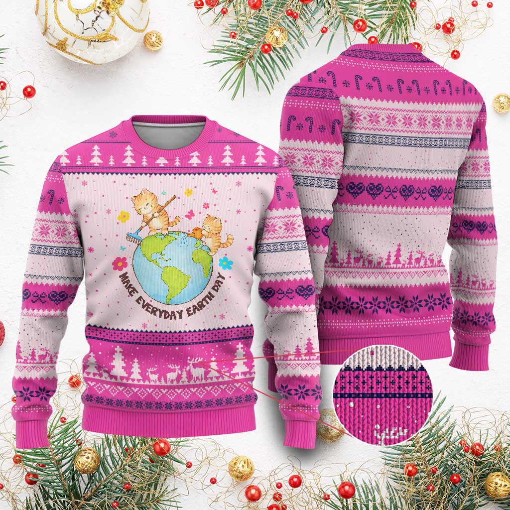 Make Everyday Earth Day Ugly Christmas Sweater Funny Cat Lover Gift TS12 Hot Pink Print Your Wear