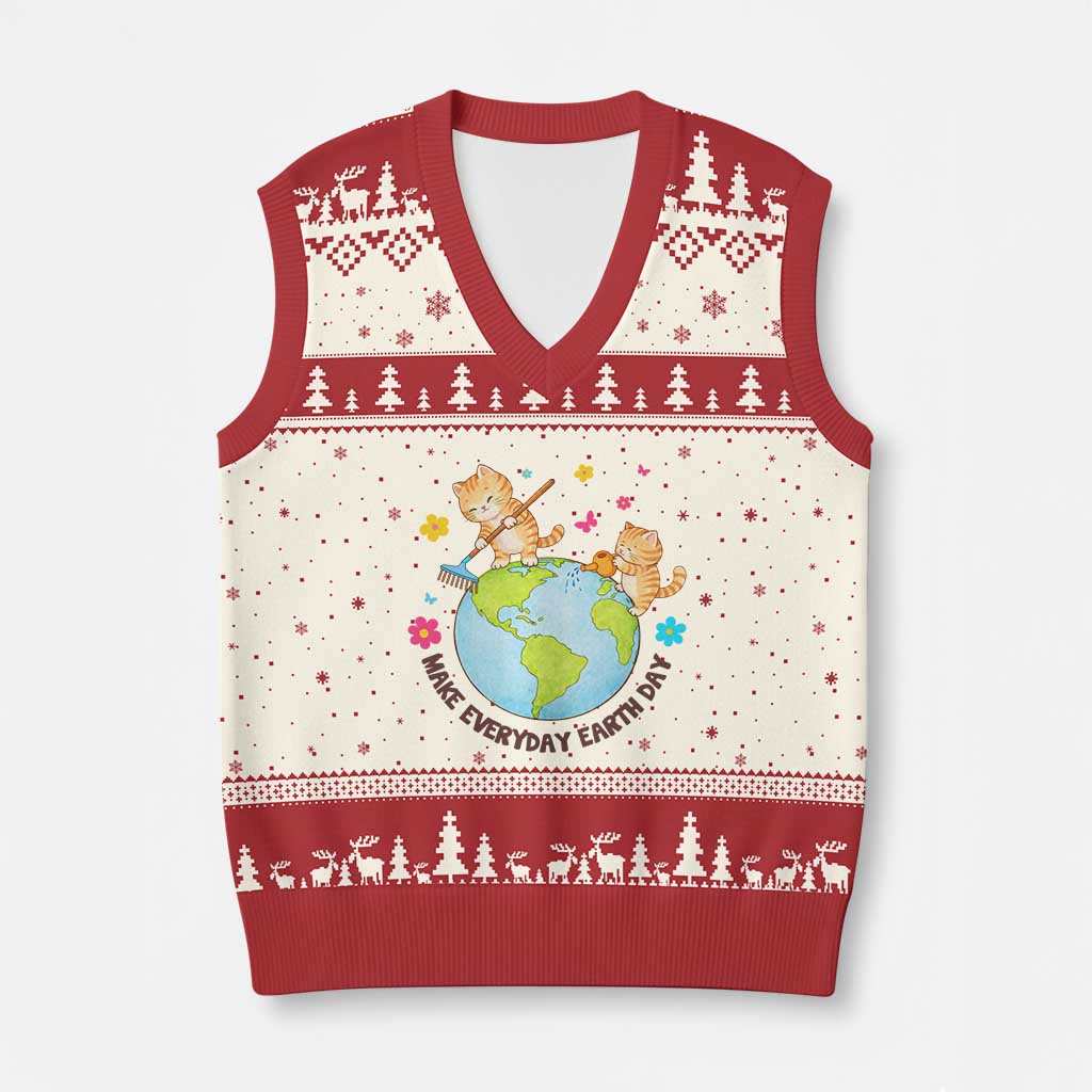 Make Everyday Earth Day V-Neck Knit Sweater Vest Funny Cat Lover Gift TS12 Beige Red Print Your Wear